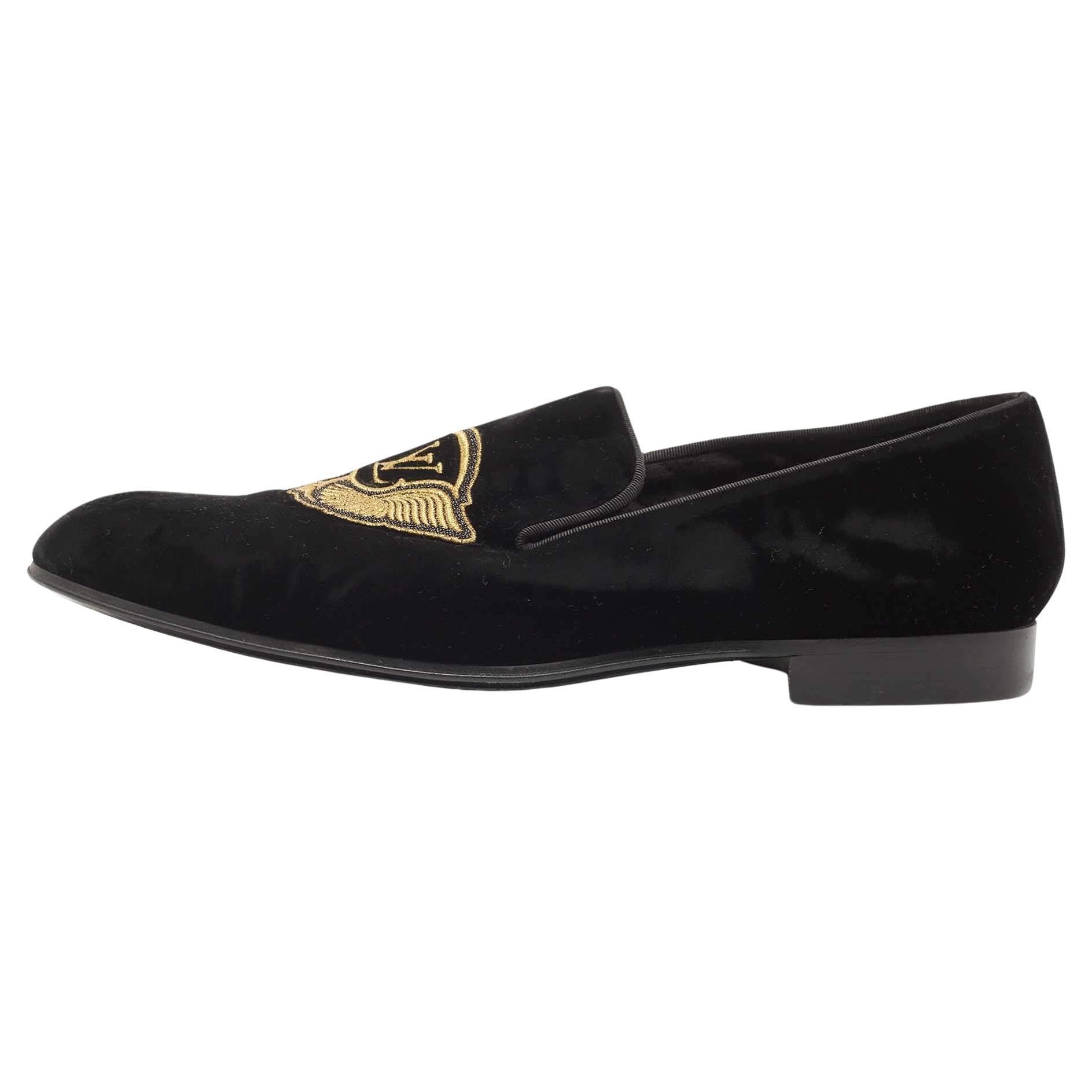 Louis Vuitton Black Velvet Auteuil Logo Smoking Slippers Size 43 For Sale