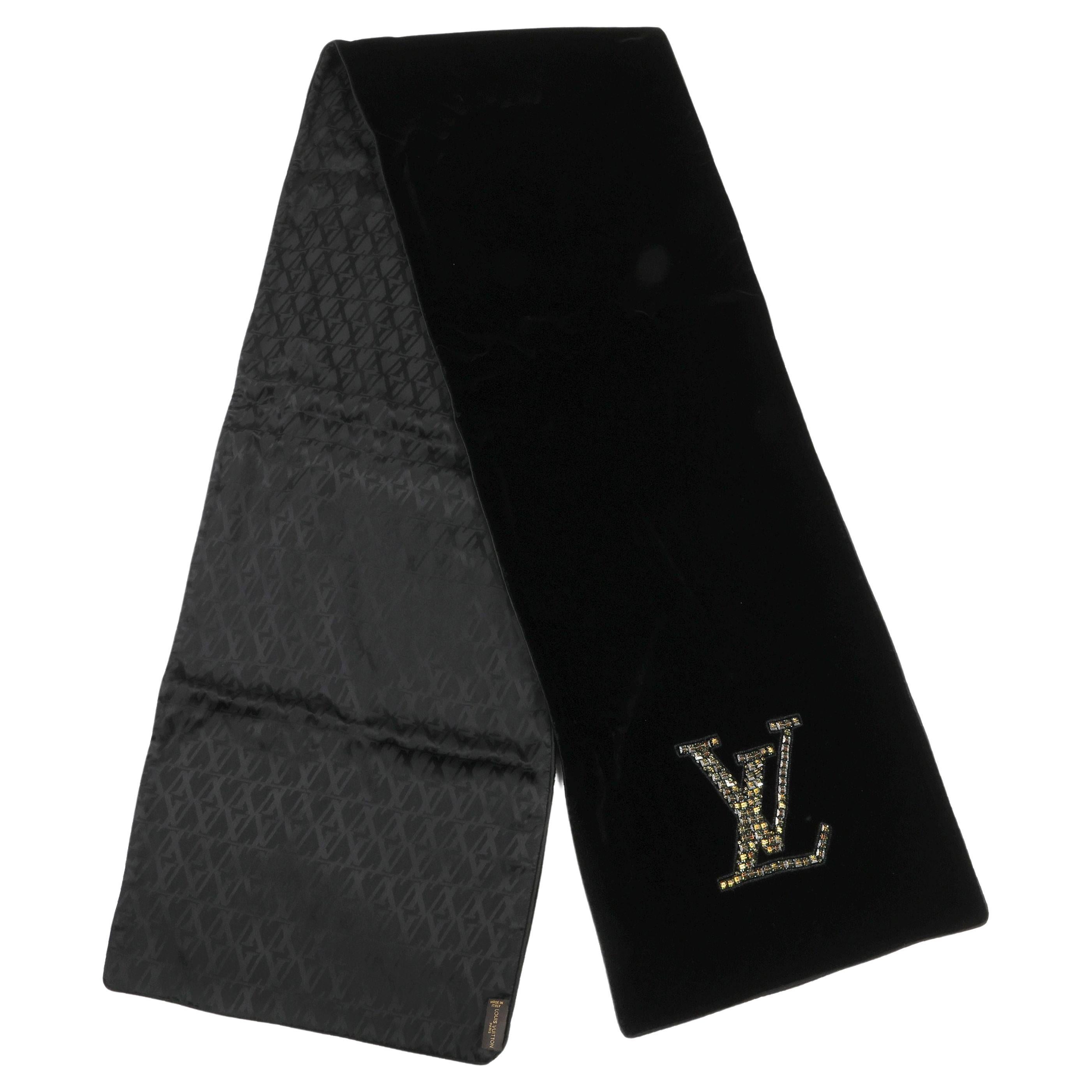 Louis Vuitton Black Velvet Gold Sequin Monogram Scarf For Sale