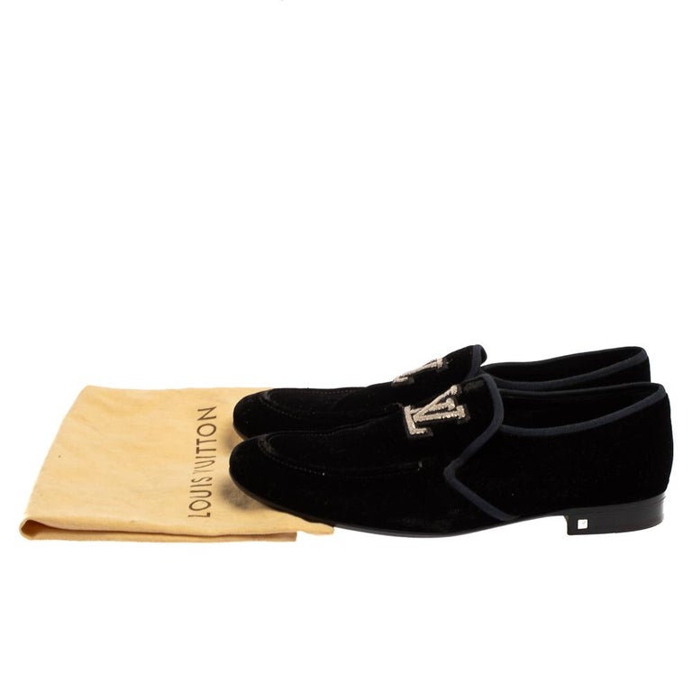 Louis Vuitton Black Velvet Logo Embroidered Slip On Loafers Size 42.5 at  1stDibs