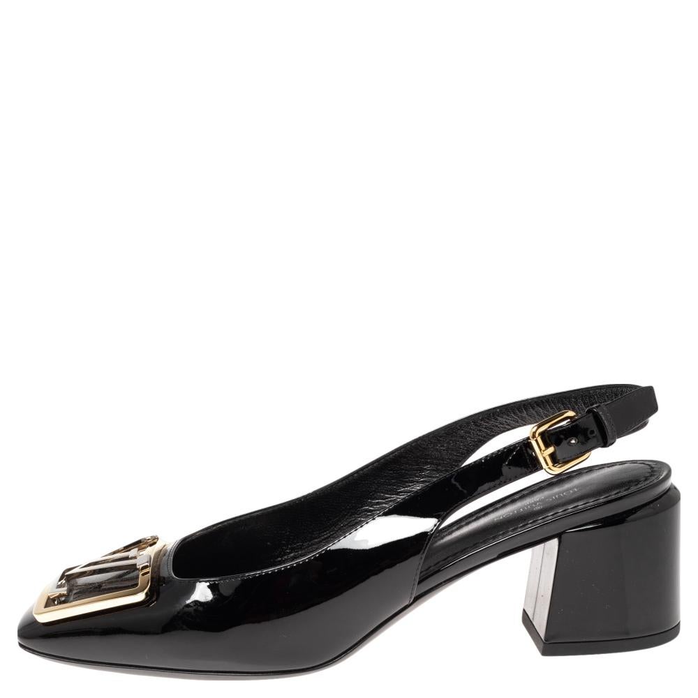 Louis Vuitton's Madeleine pumps exude a refined style and sophisticated vibe with their minimal design. Crafted from black Vernis leather, they feature the LV logo accented on the front and square toes. These beauties are finished off with block