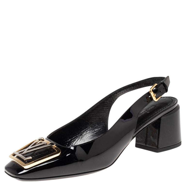 Louis Vuitton Black Patent Leather Madeleine Logo Block Heel Pumps Size 40  at 1stDibs