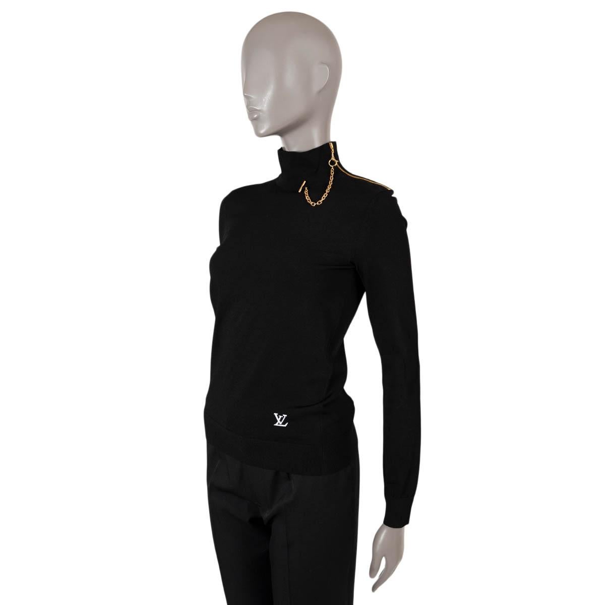 100% authentic Louis Vuitton turtleneck sweater in black silky stretch knit viscose (83%) and polyester (17%). Features an asymmetric exposed golden zipper pulled with a coordinating chain that drapes elegantly around the collar and white LV