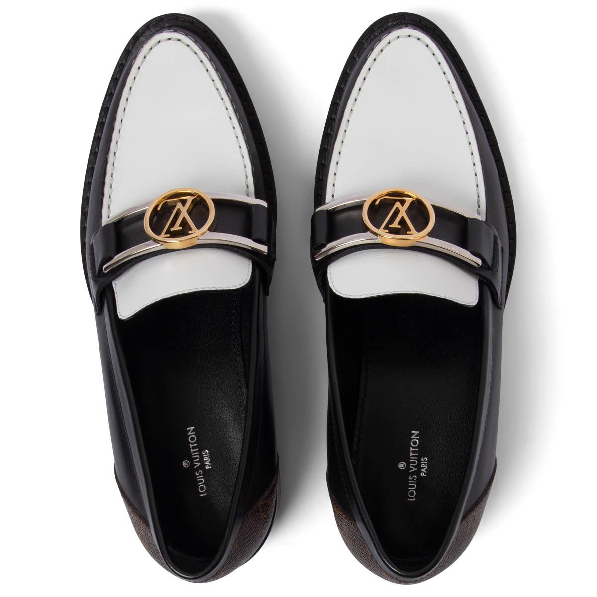 Women's LOUIS VUITTON black & white leather 2020 ACADEMY Loafers Shoes 38.5