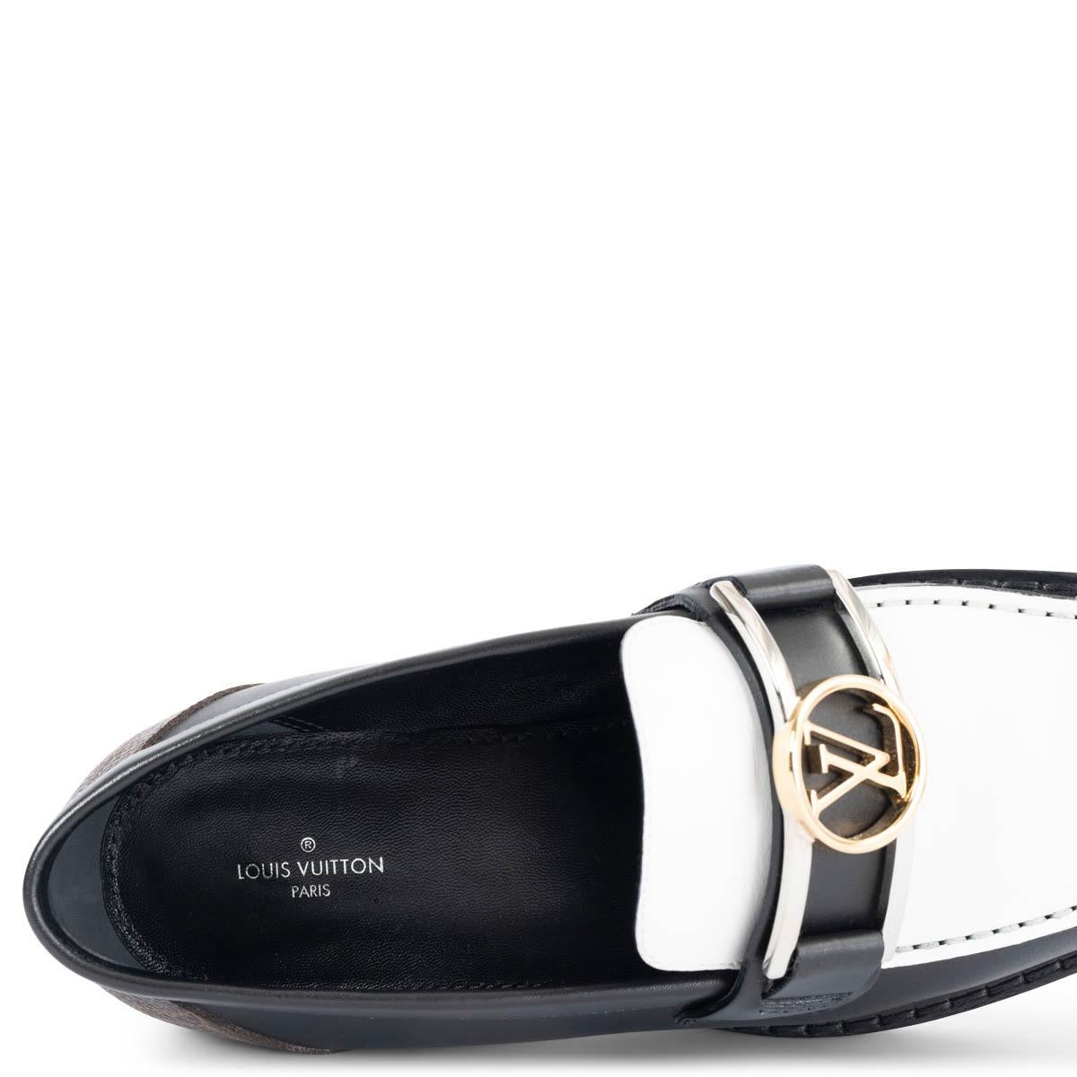 LOUIS VUITTON black & white leather ACADEMY Loafers Shoes 38.5 For Sale 2
