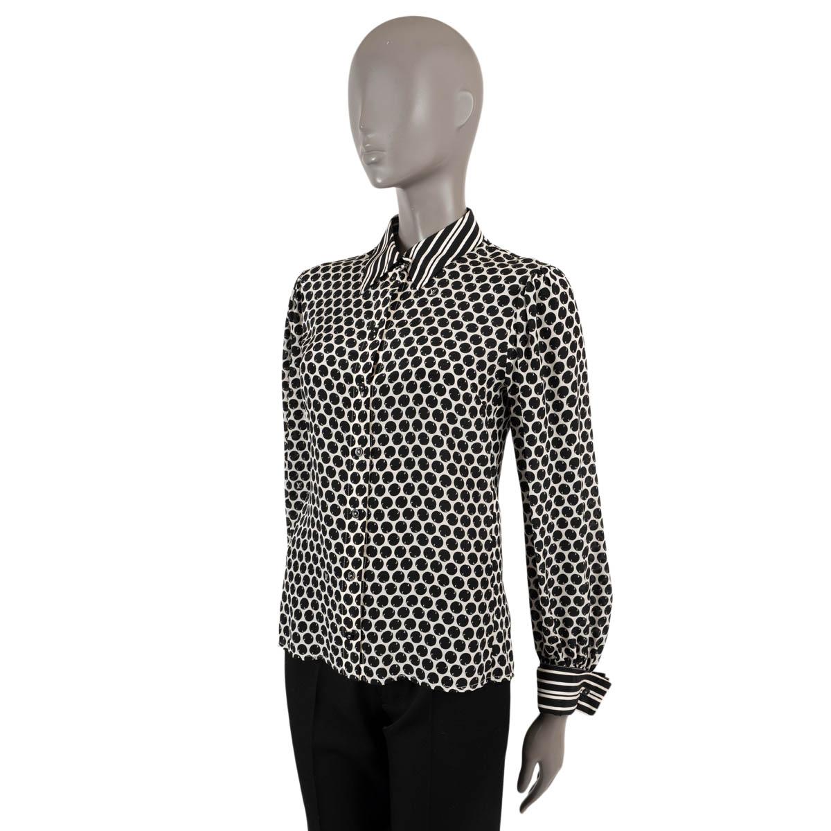 100% authentic Louis Vuitton button-up shirt in black and white silk (100%). Features a dotted print and striped collar and buttoned cuffs. Has been worn and is in excellent condition. 

2019 Resort

Measurements
Model	RW191A JHO FGBL48
Tag