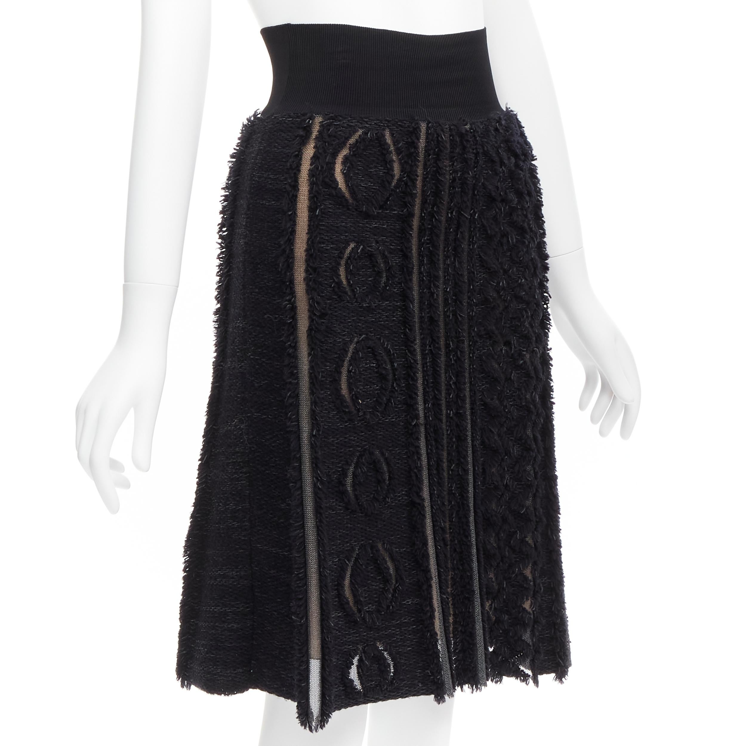 Black LOUIS VUITTON black wool blend grey lucid mesh cutout knit knee skirt XS For Sale