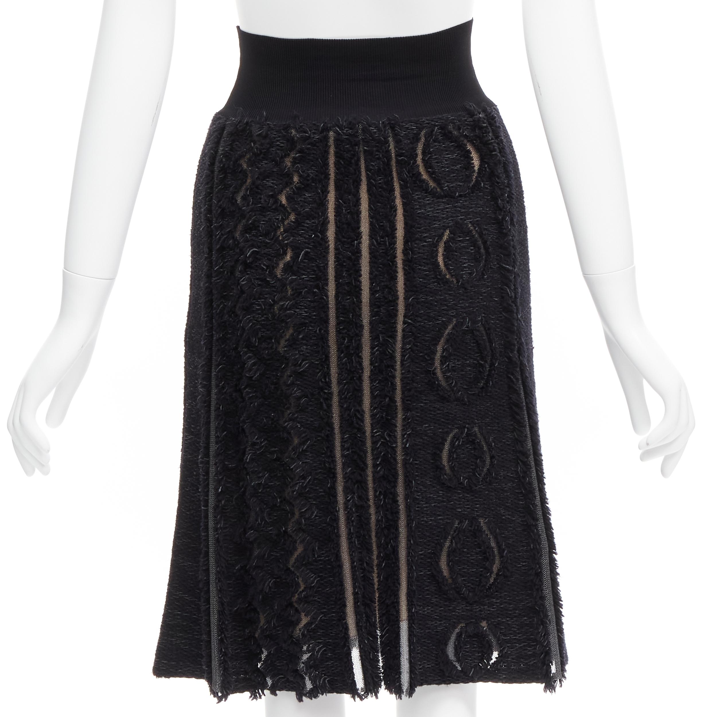 Women's LOUIS VUITTON black wool blend grey lucid mesh cutout knit knee skirt XS For Sale