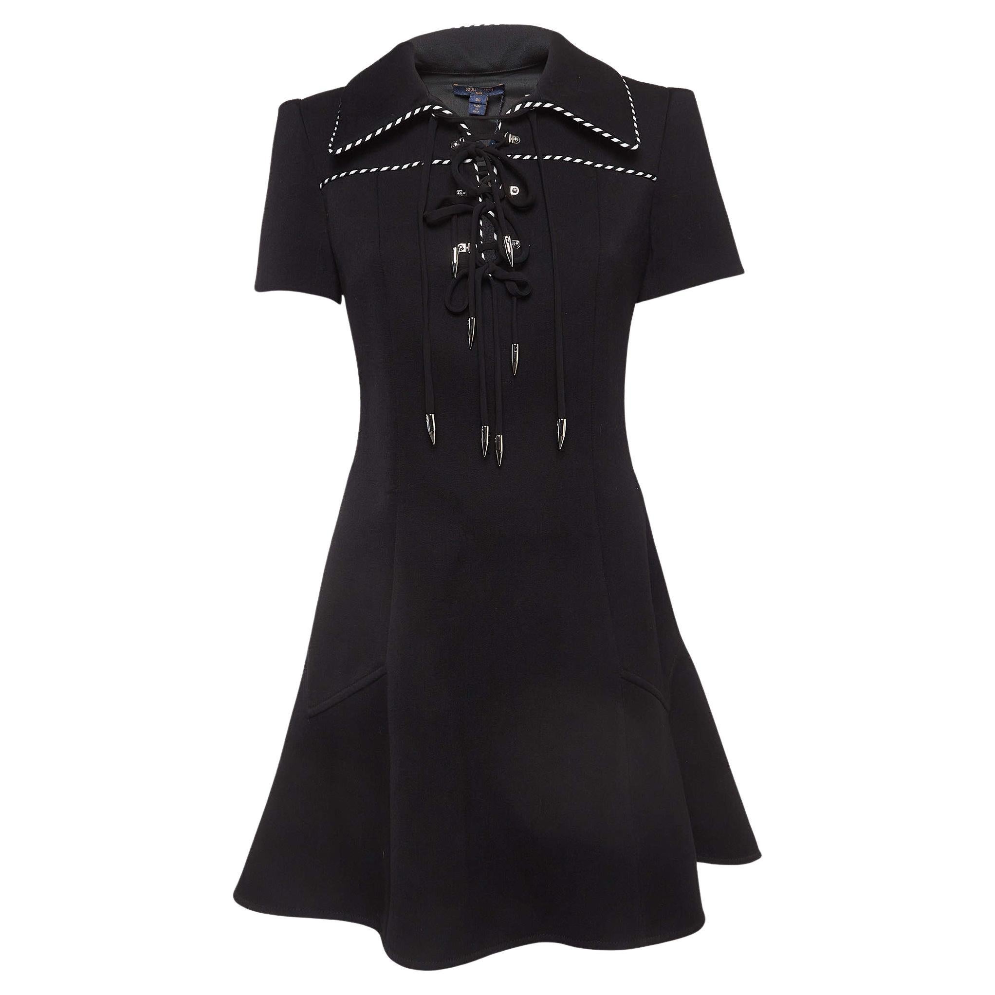 Louis Vuitton Black Wool Blend Lace-Up Neck Skater Dress M For Sale