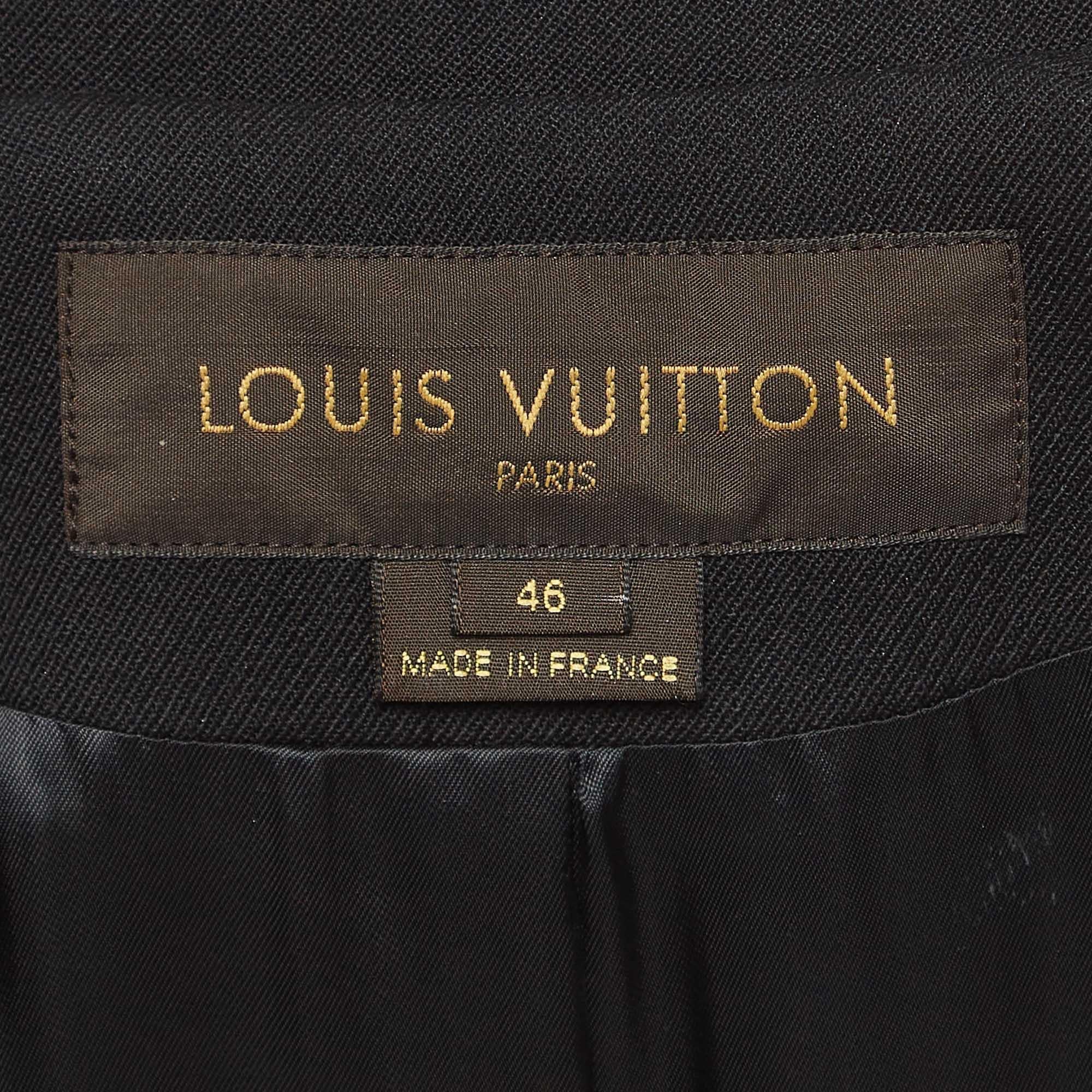 Women's Louis Vuitton Black Wool Leather Tab Waist Single Breasted Coat XL For Sale