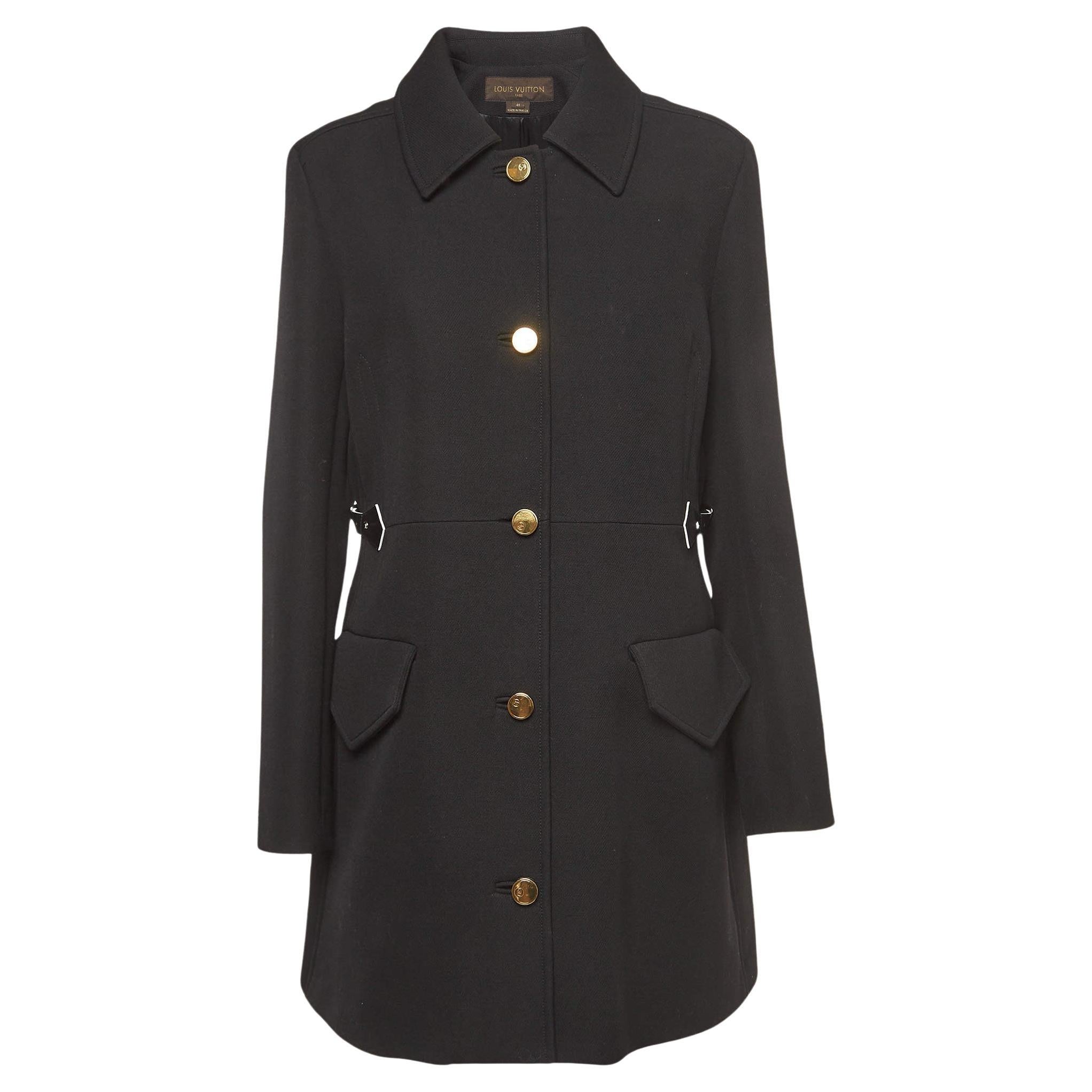 Louis Vuitton Black Wool Leather Tab Waist Single Breasted Coat XL