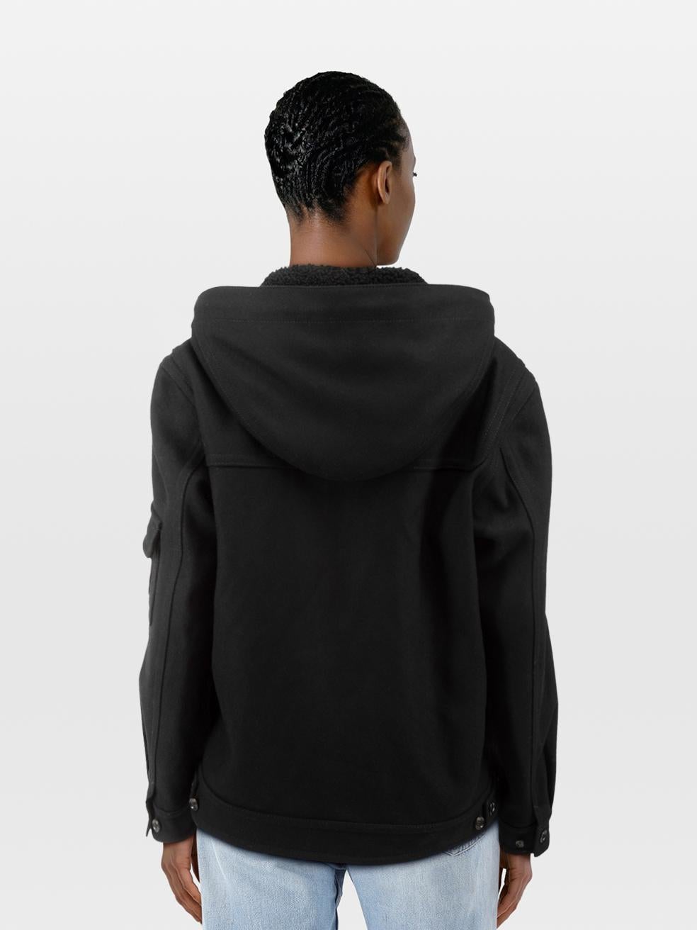 CONDITION is Very Good. Hardly any visible wear to the coat is evident on this used Louis Vuitton designer resale item. This coat comes in the original garment bag.
 
 Details
 
 
 Black
 
 Wool
 
 Coat
 
 Short
 
 Hooded
 
 Shearling lined hood
 
