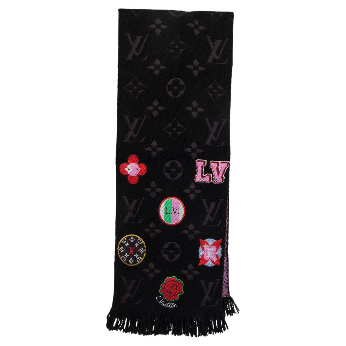 LOUIS VUITTON black wool STORIES LOGOMANIA Muffler Shawl Scarf