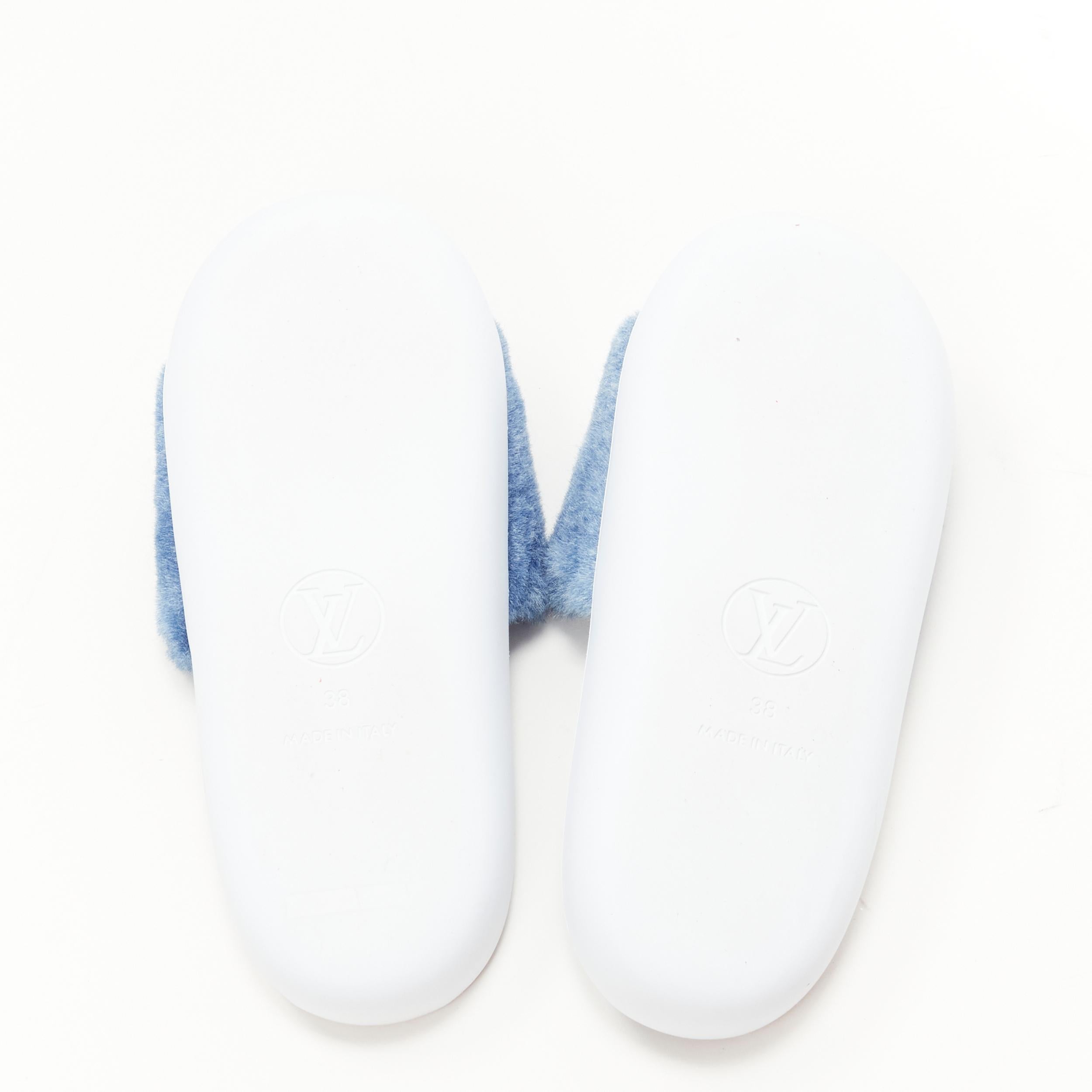 LOUIS VUITTON Bleu Jeans blue faux fur LV logo sunbath flat slides sandals EU38 3