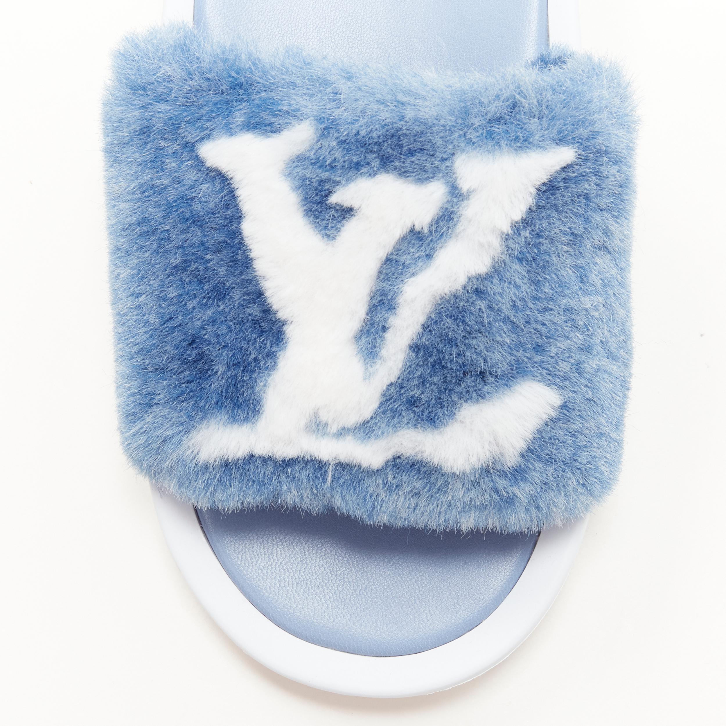 Blue LOUIS VUITTON Bleu Jeans blue faux fur LV logo sunbath flat slides sandals EU38