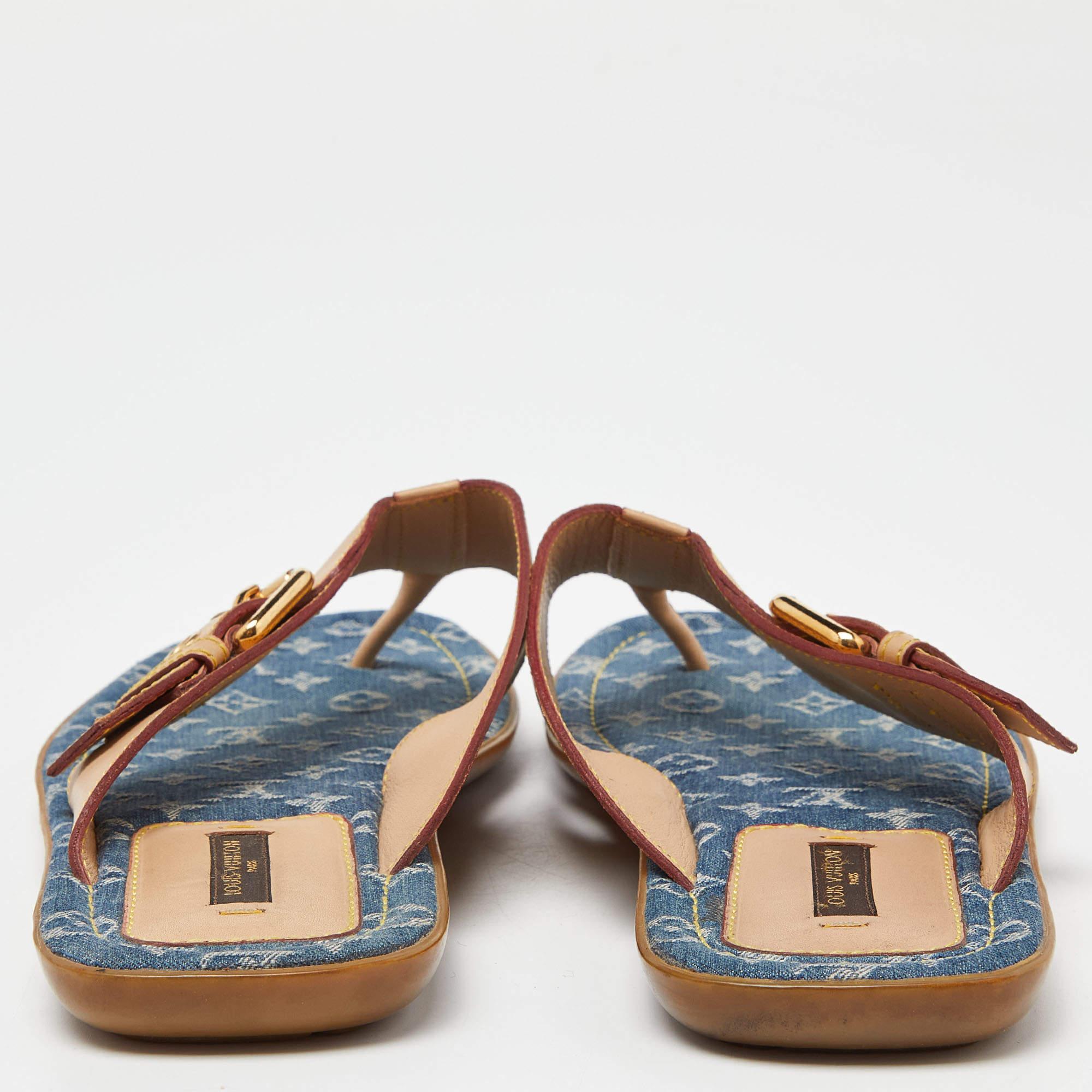 Women's Louis Vuitton Bllue Denim/Beige Monogram Thong Buckle Detail Sandals Size 37.5