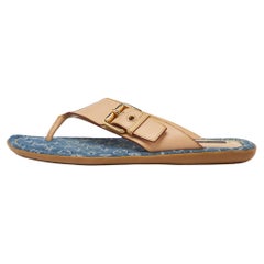 Used Louis Vuitton Bllue Denim/Beige Monogram Thong Buckle Detail Sandals Size 37.5