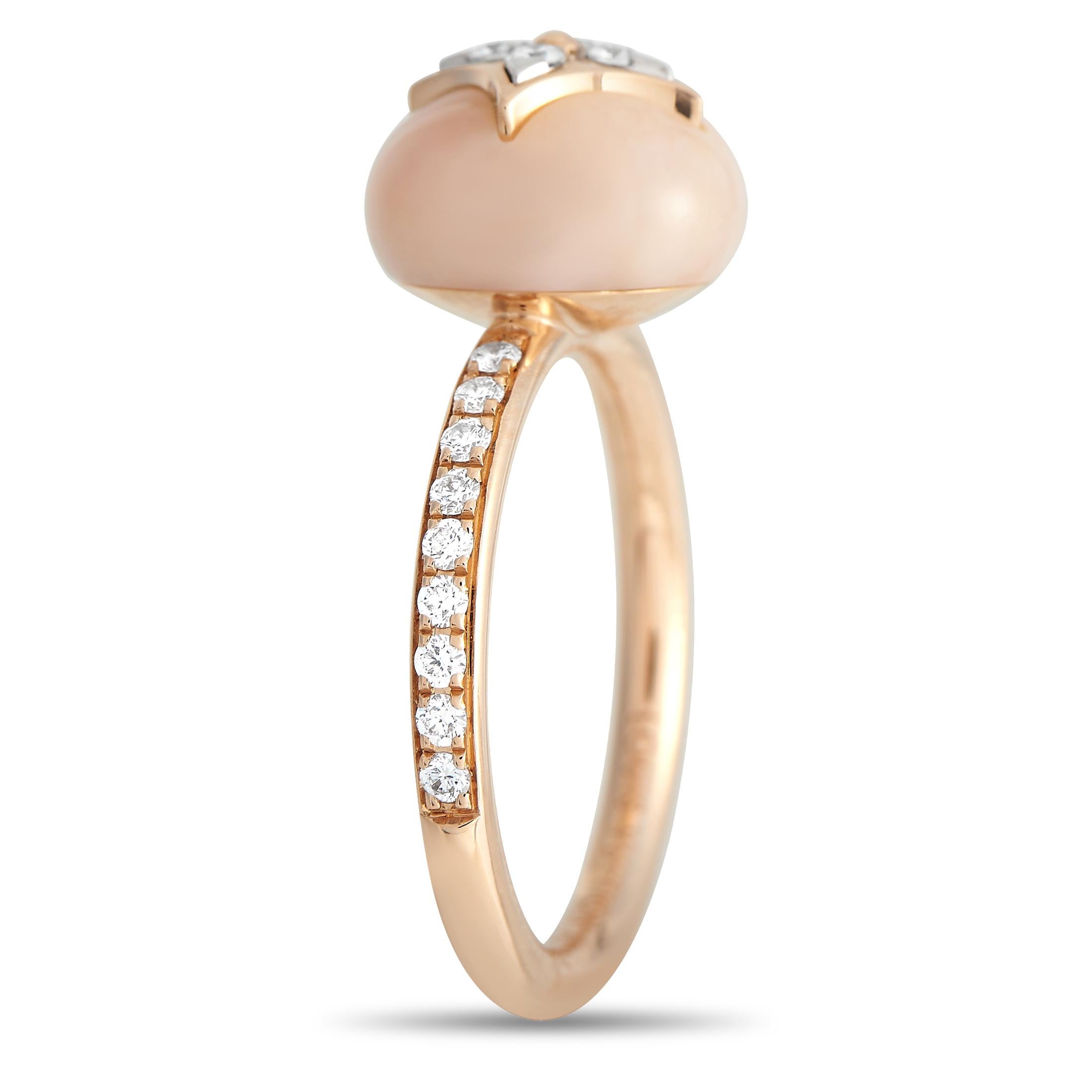 This Louis Vuitton Blossom ring is delicate, feminine, and incredibly elegant. An 18K rose gold setting is beautifully complemented by a stunning, pink-toned Opal orb at the center. Diamonds with a total weight of 0.30 carats make it even more