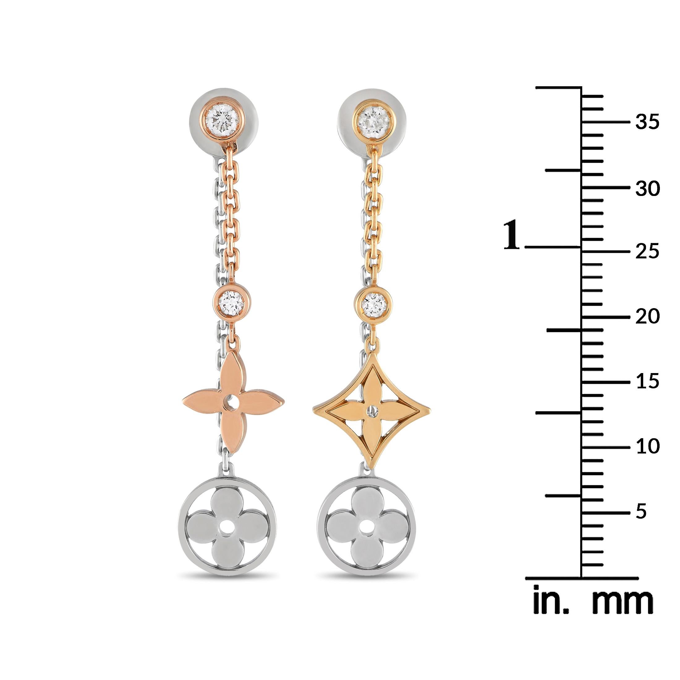 Louis Vuitton Blossom 18K Yellow, Rose, and White Gold Diamond Dangle Earrings In Excellent Condition For Sale In Southampton, PA