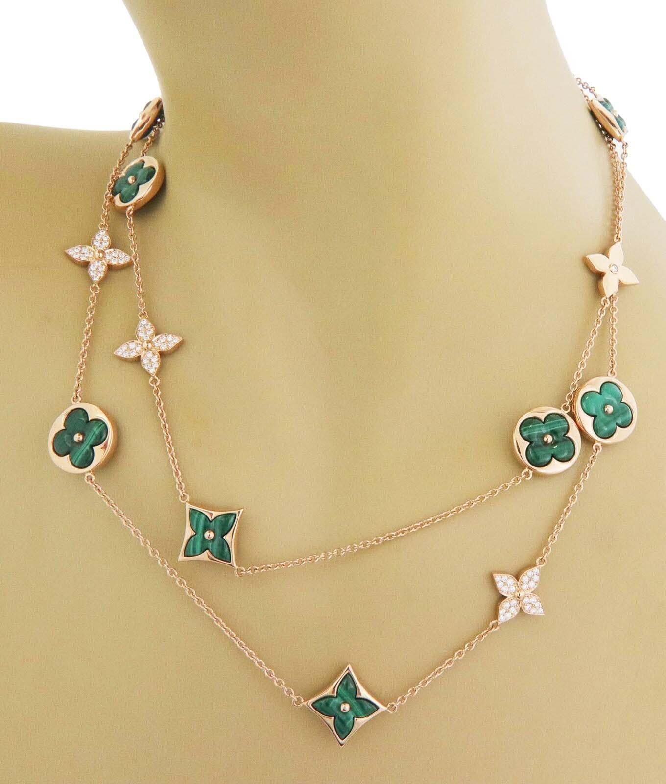 Louis Vuitton Blossom Malachite Diamond 18k Rose Gold Floral Motif Long Necklace For Sale 1