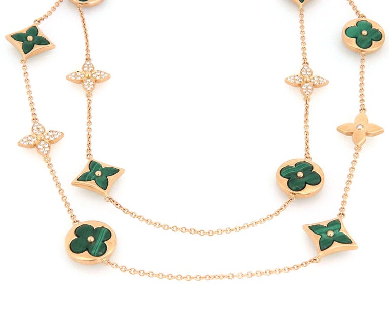 Louis Vuitton Blossom Malachite Diamond 18K Rose Gold Floral Motif Long Necklace