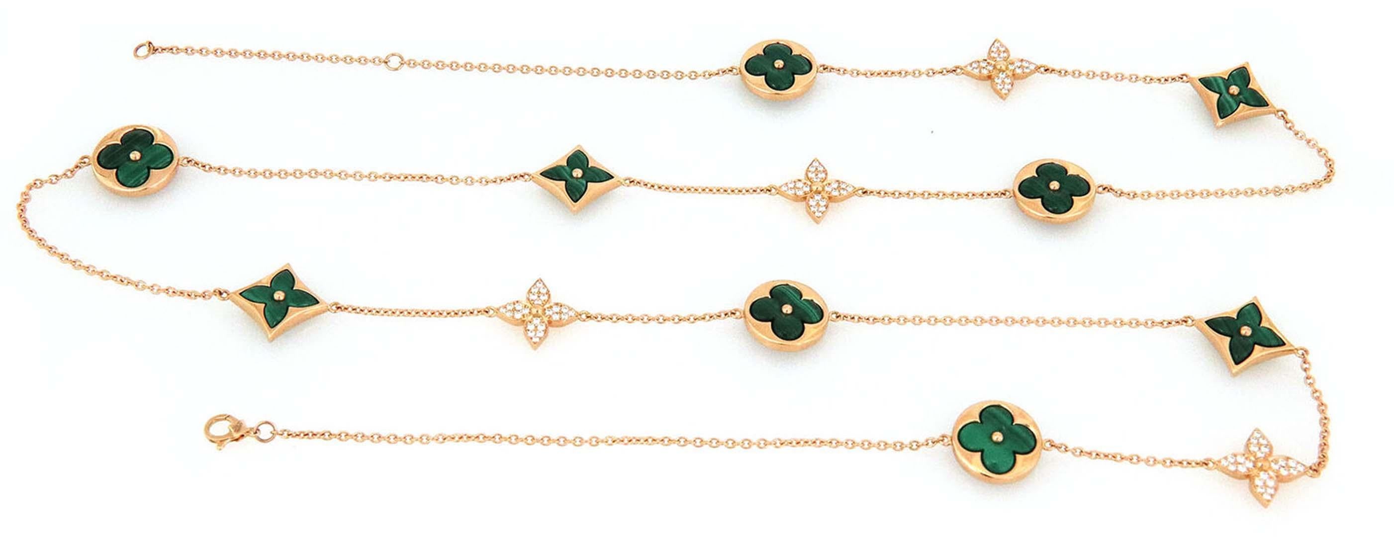 Modern Louis Vuitton Blossom Malachite Diamond 18k Rose Gold Floral Motif Long Necklace For Sale