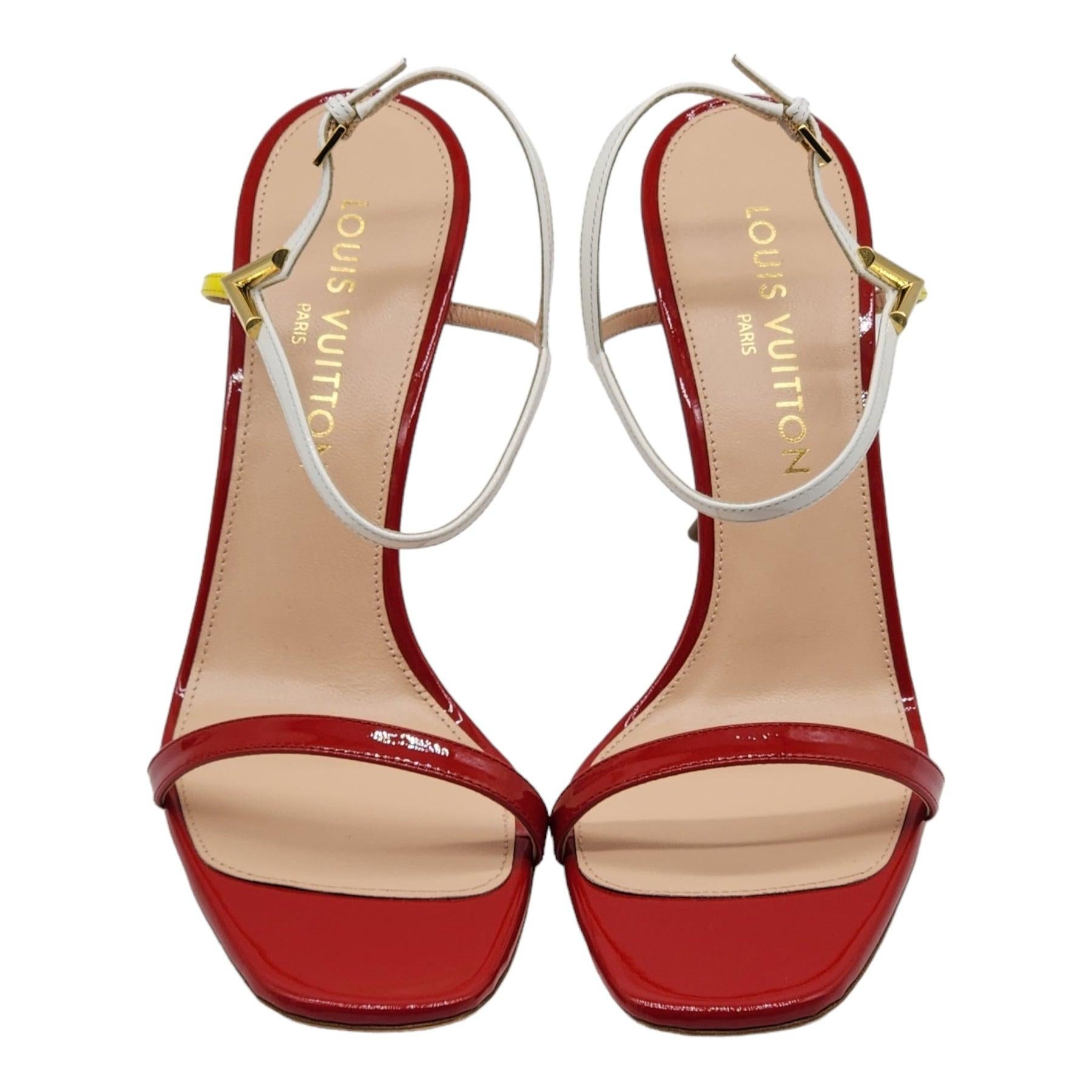 Louis Vuitton Blossom Sandals Leather in Red.

Additional information:
Material: Patent calf leather
Leather outsole
Color: Red
Monogram Flower-shaped heel
Size: 7.5 US
Country: Italy
Dimension: 9.5 cm / 3.7-inch heel
Condition: Brand new with
