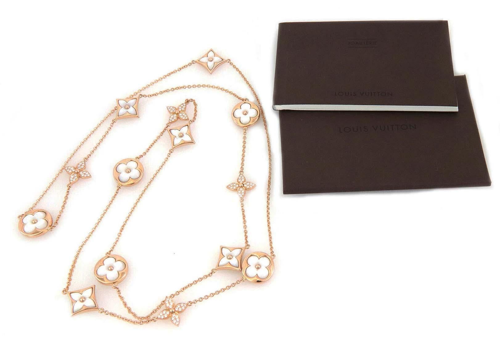 Moderne Louis Vuitton, collier sautoir fleuri en or rose 18 carats, diamants et nacre en vente