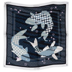 LOUIS VUITTON blue and grey silk DAMIER KOI 55 Twill Scarf
