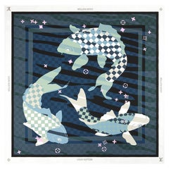 LOUIS VUITTON blue and grey silk DAMIER KOI 55 Twill Scarf