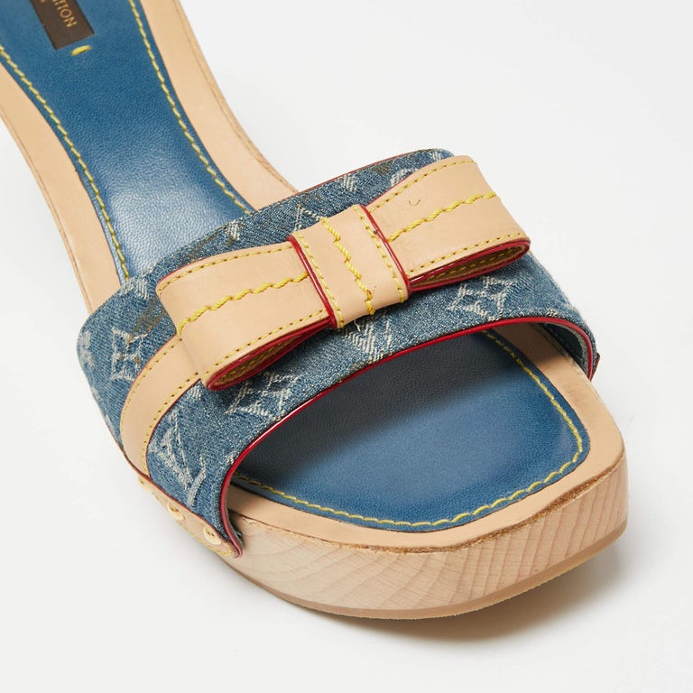 Louis Vuitton Blue Monogram Denim And Leather Bow Slide Sandals