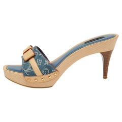 Louis Vuitton Blue/Beige Canvas Bow Grenadine Platform Slide Sandals Size 40.5