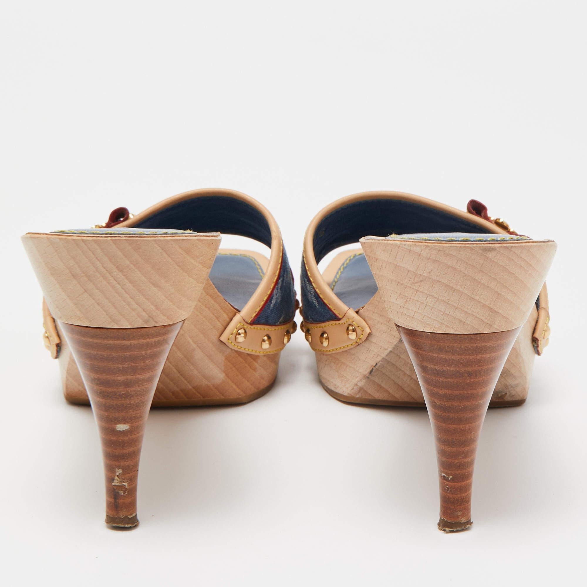 Louis Vuitton Blue/Beige Monogram Denim And Leather Bow Detail Slides Sandals  In Good Condition In Dubai, Al Qouz 2