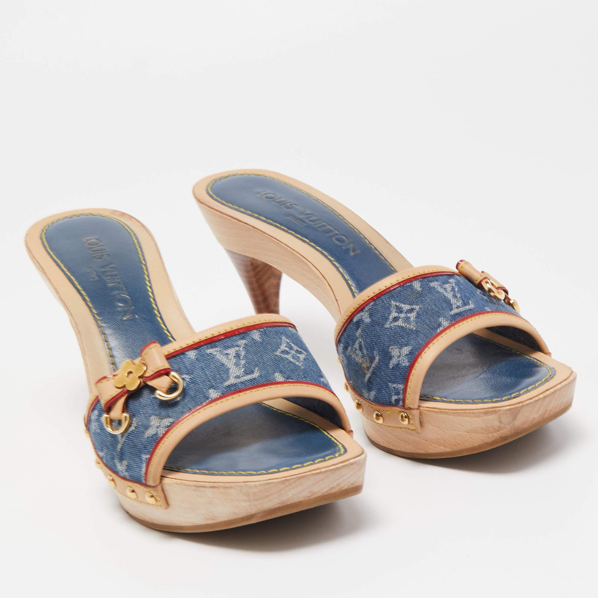 Women's Louis Vuitton Blue/Beige Monogram Denim And Leather Bow Detail Slides Sandals 