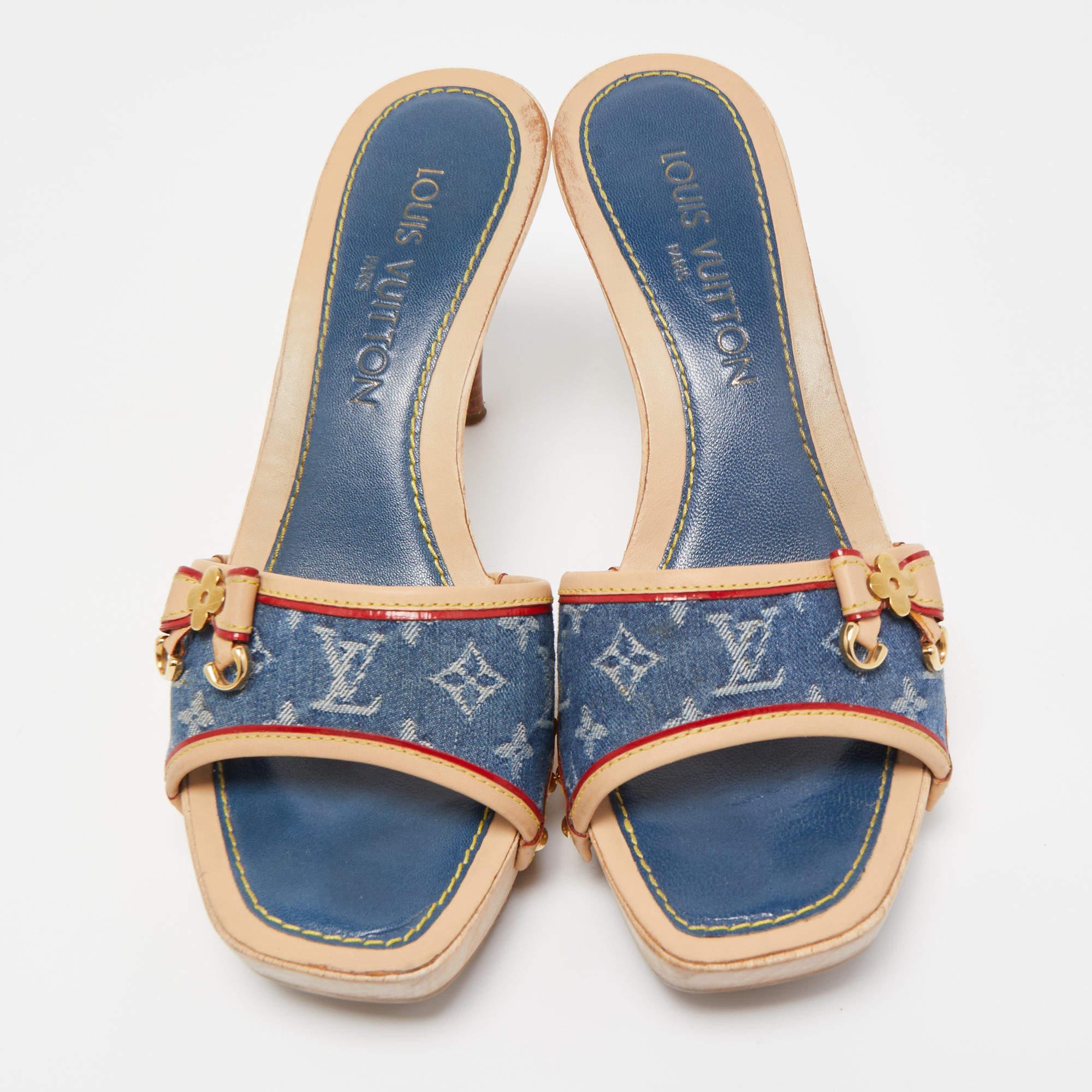Louis Vuitton Blue/Beige Monogram Denim And Leather Bow Detail Slides Sandals  1