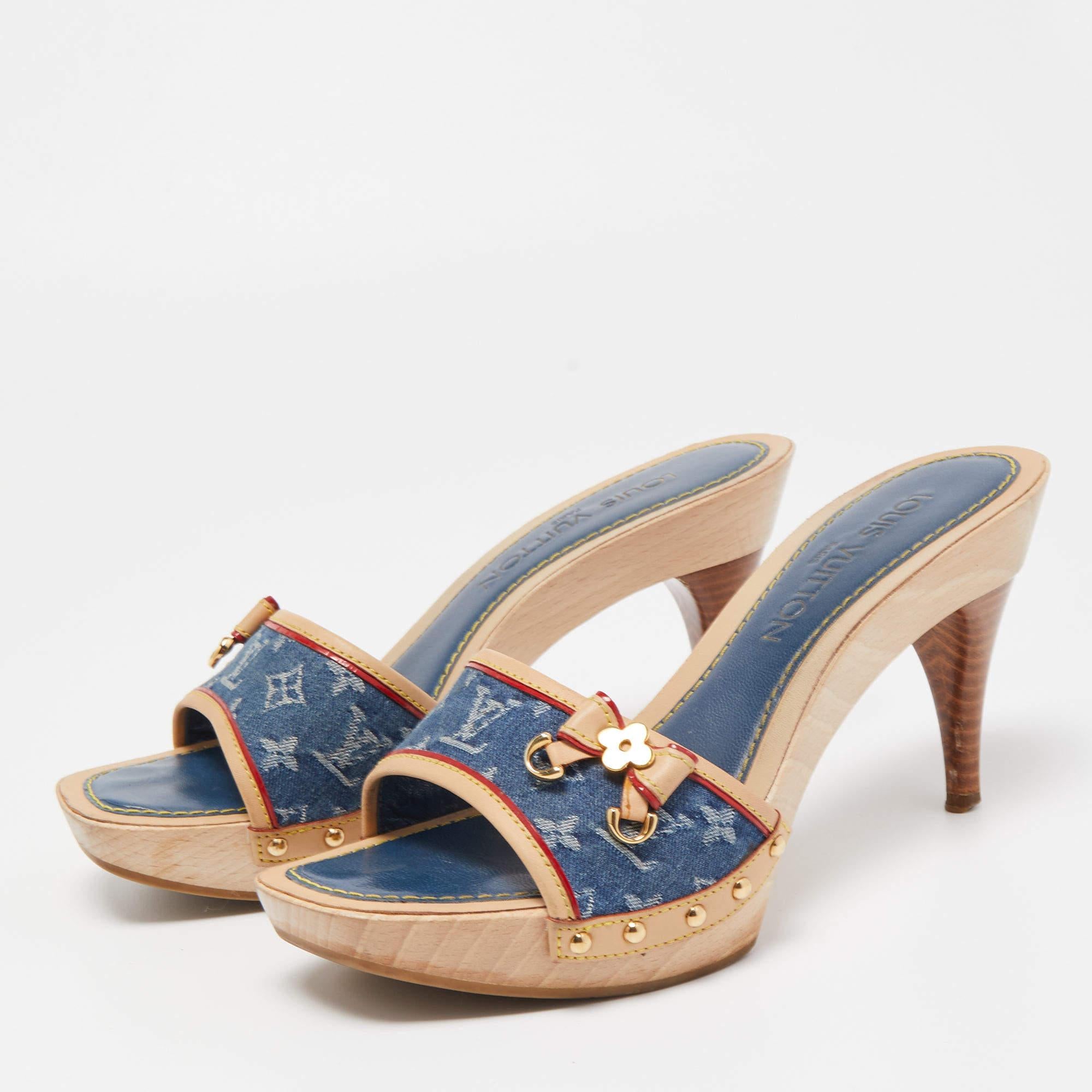 Louis Vuitton Blue/Beige Monogram Denim And Leather Bow Detail Slides Sandals  2