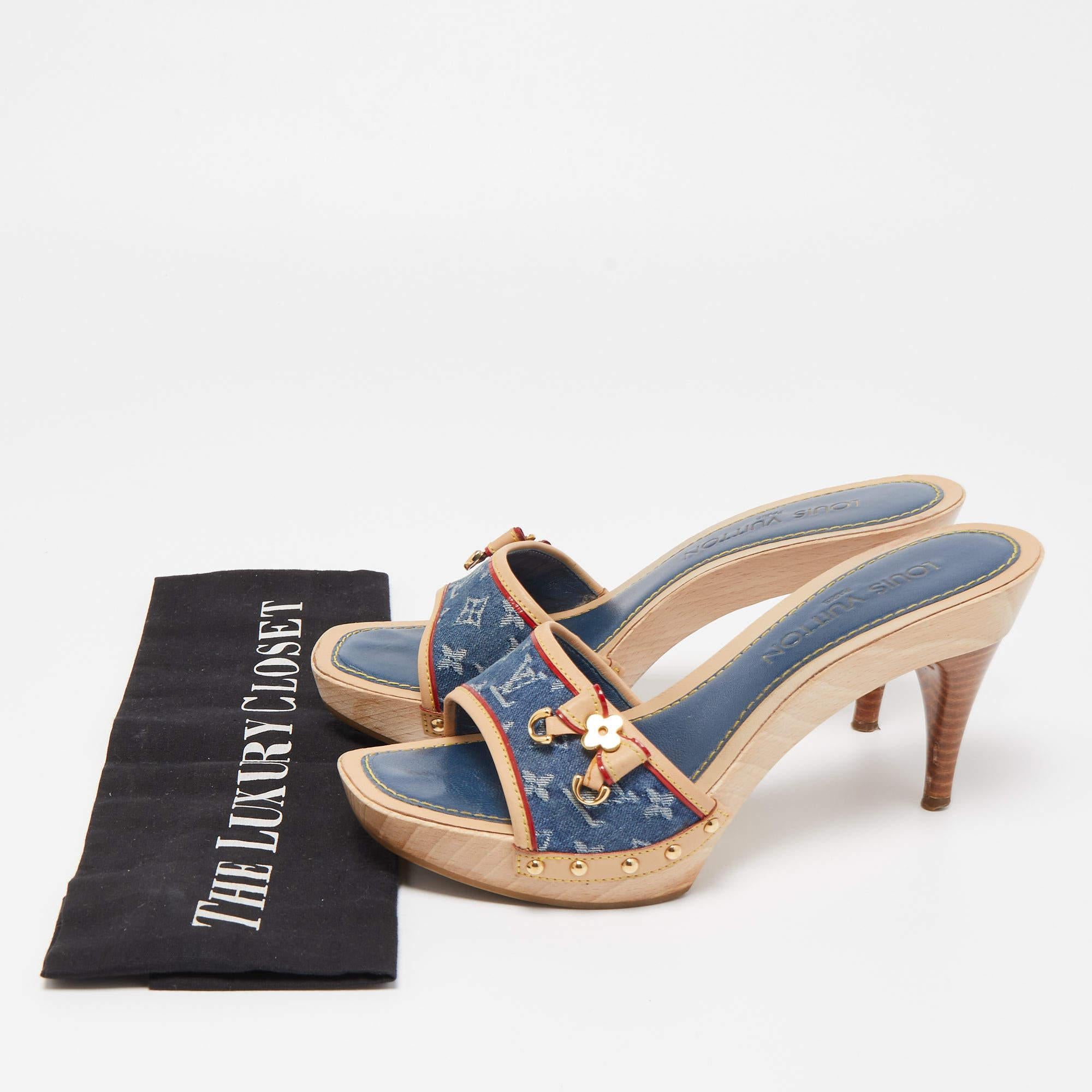 Louis Vuitton Blue/Beige Monogram Denim And Leather Bow Detail Slides Sandals  3