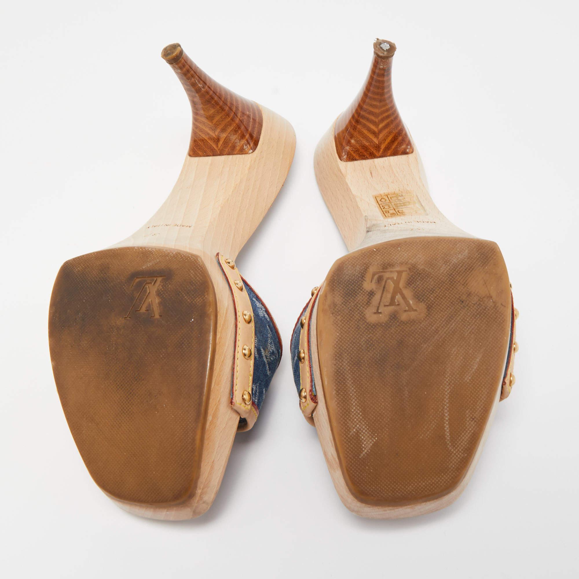Louis Vuitton Blue/Beige Monogram Denim And Leather Bow Detail Slides Sandals  4