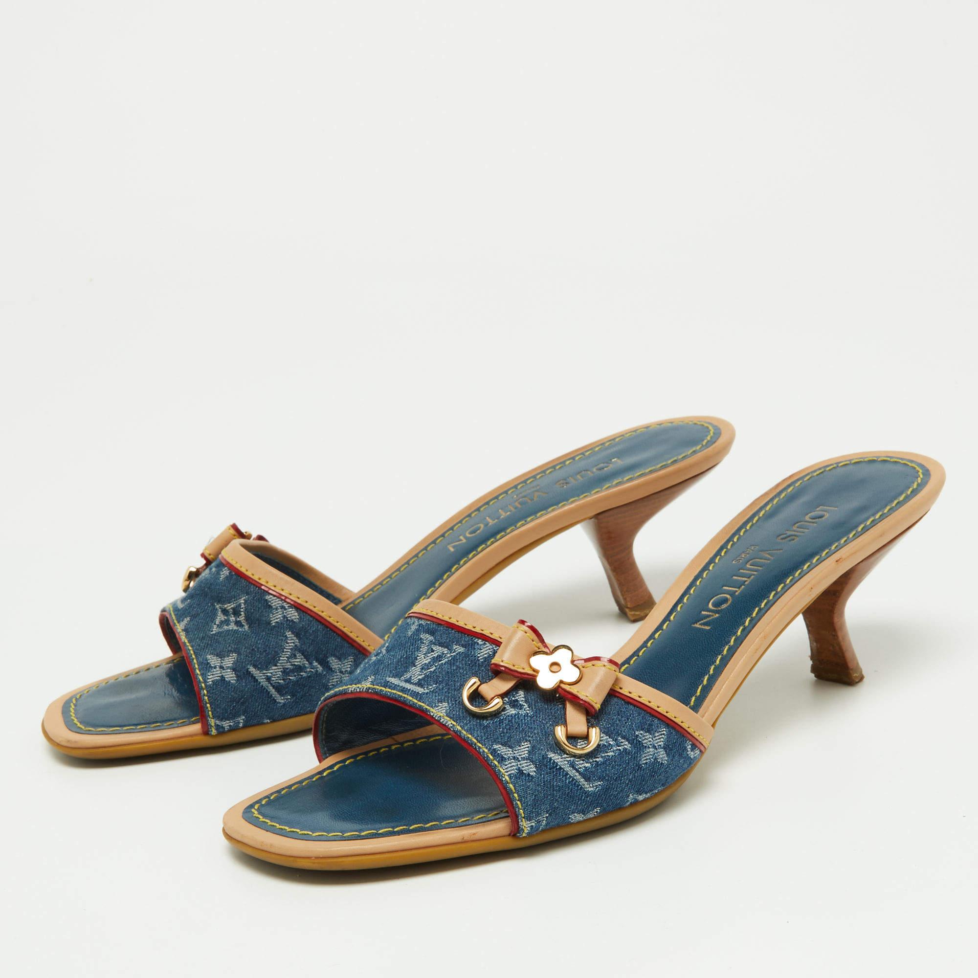 Louis Vuitton Blue/Beige Monogram Denim Bow Slide Sandals Size 37.5 2