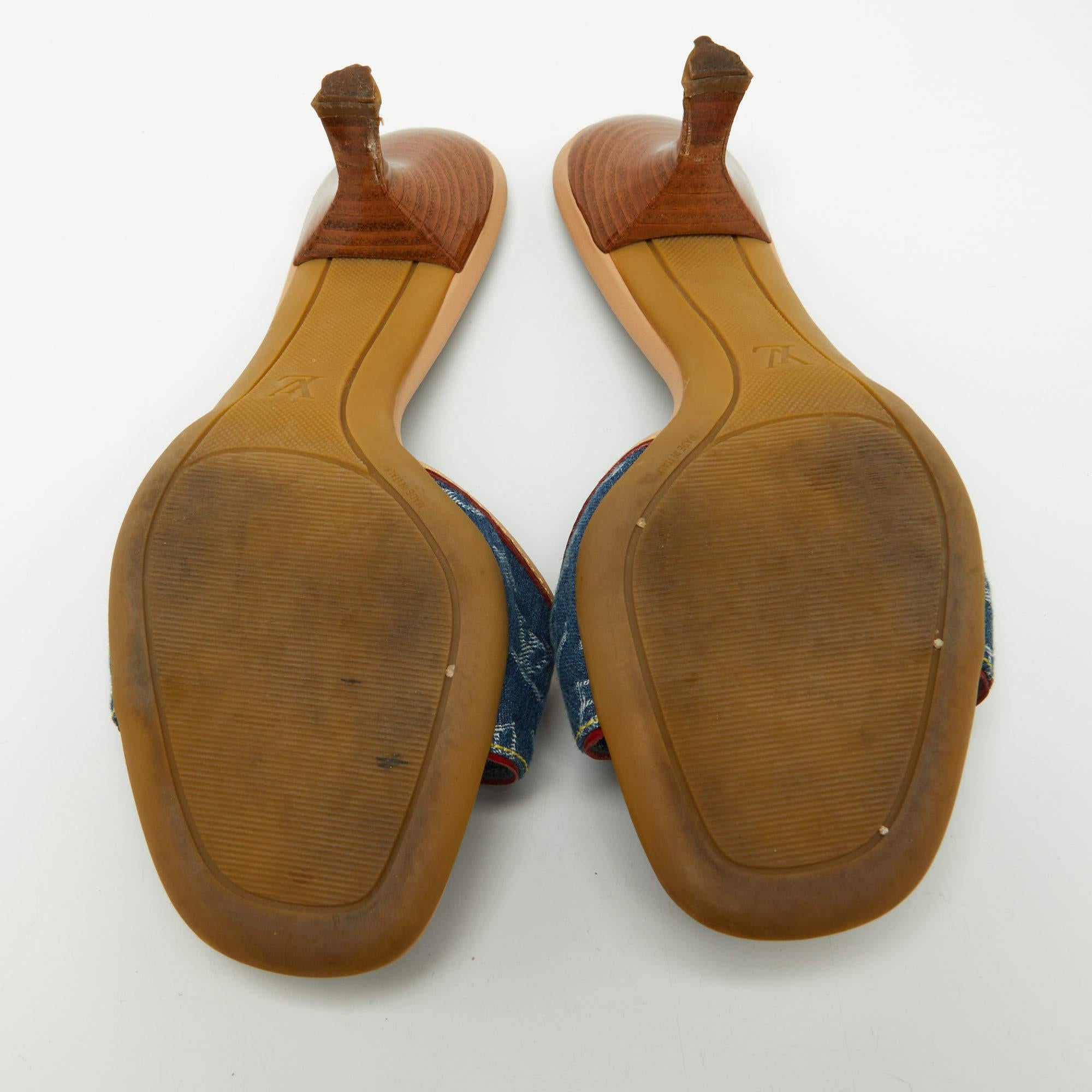 Louis Vuitton Blue/Beige Monogram Denim Bow Slide Sandals Size 37.5 3