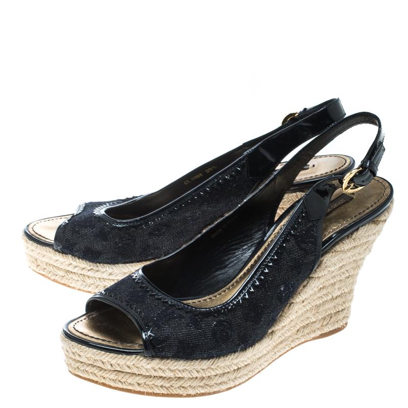 Louis Vuitton Blue/Black Denim Espadrilles Wedge Slingback Sandals Size 39.5 3