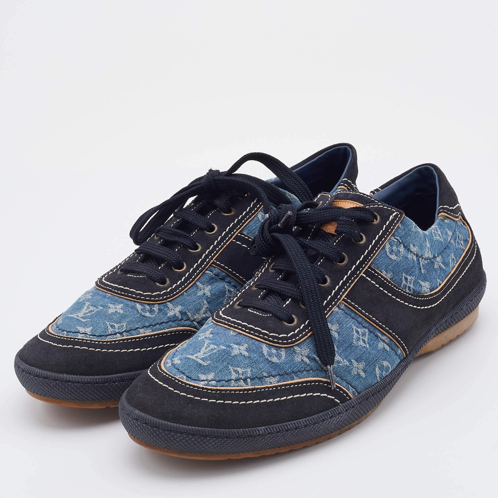 Louis Vuitton Blue/Black Monogram Denim and Suede Low Top Sneakers Size 42 2