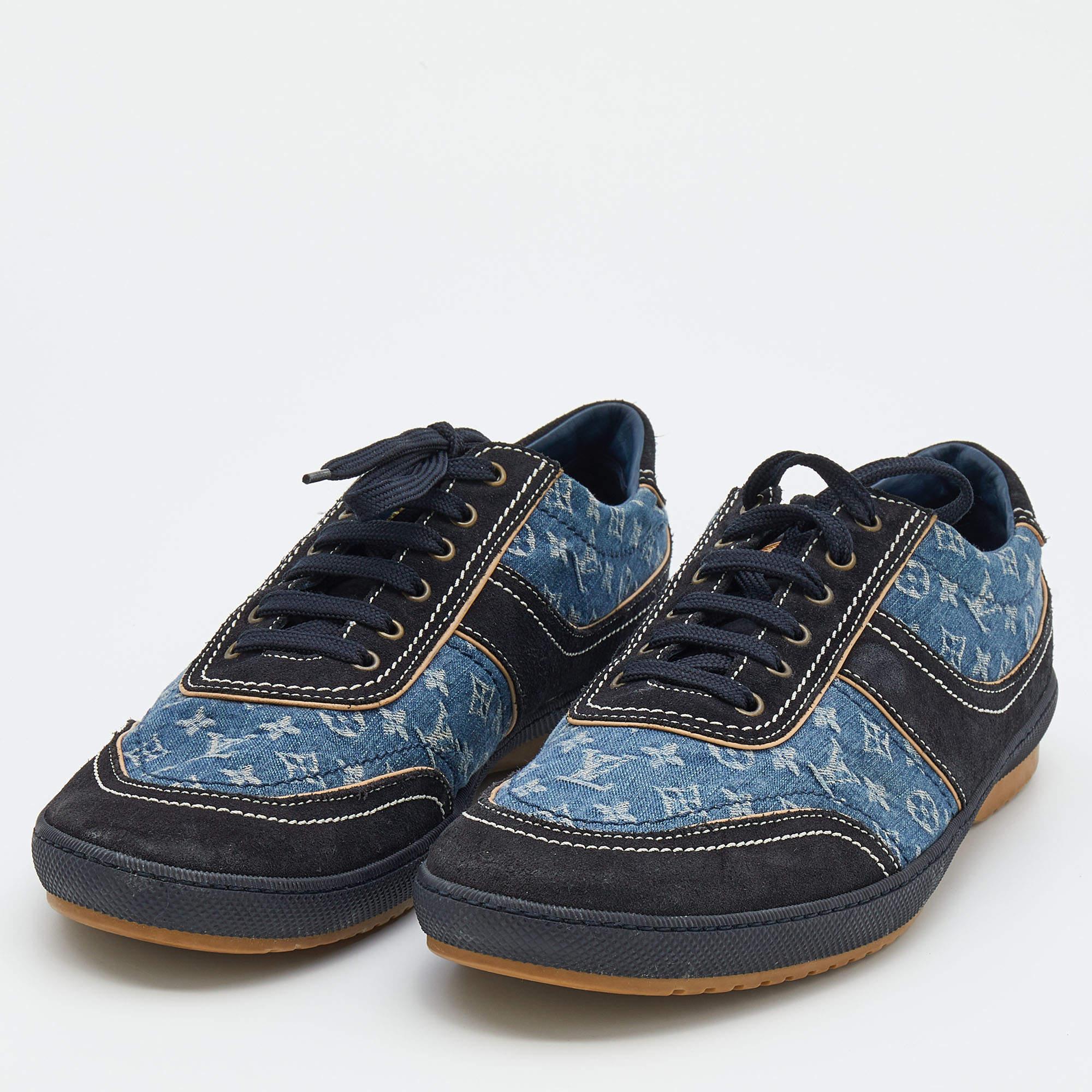 Men's Louis Vuitton Blue/Black Monogram Denim And Suede Low Top Sneakers Size 44.5