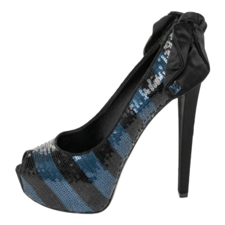 Louis Vuitton Blue/Black Sequin Peep Toe Platform Pumps Size 38