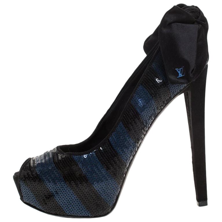 Louis Vuitton Blue/Black Sequin Peep Toe Platform Pumps Size 39