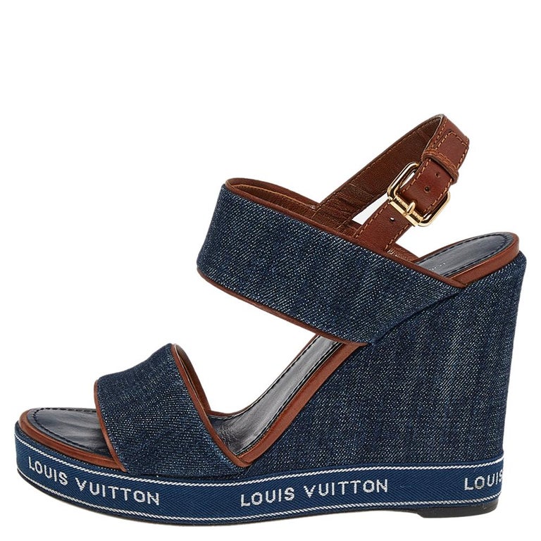 Louis Vuitton Blue/Brown Denim And Leather Wedge Slingback Sandals