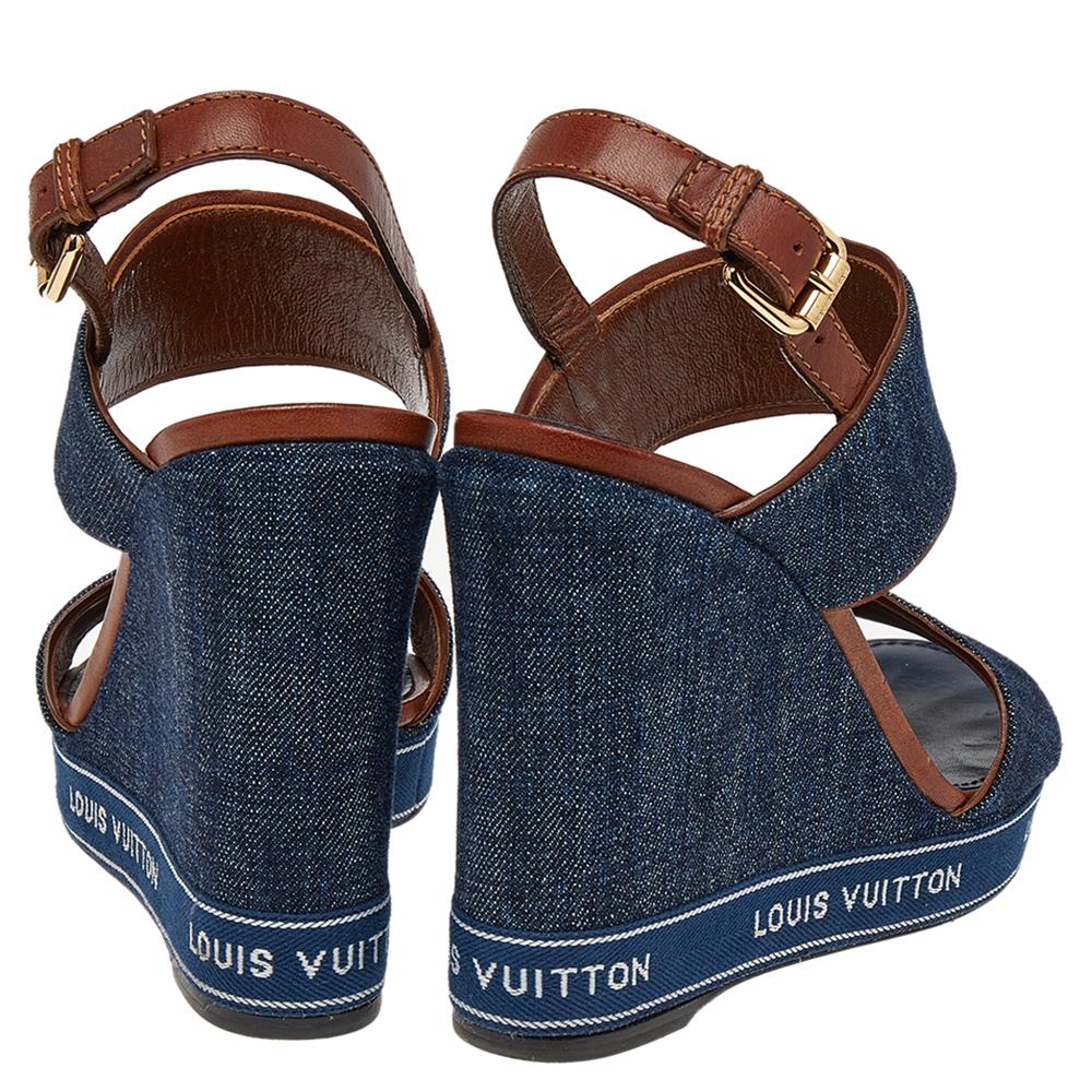 Black Louis Vuitton Blue/Brown Denim And Leather Wedge Slingback Sandals Size 38.5