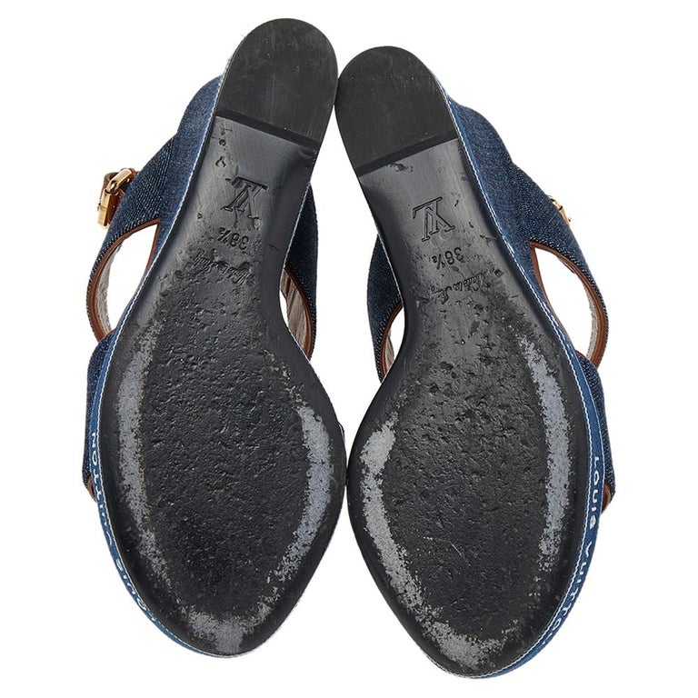 Rare Louis Vuitton Blue Denim & Leather W/ Wood Wedge Sandals Shoes  9013-38