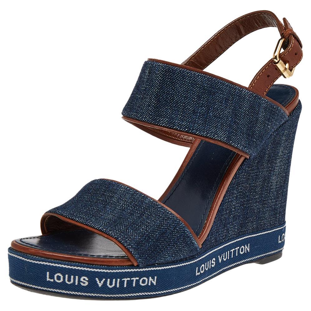 Louis Vuitton Blue/Brown Denim And Leather Wedge Slingback Sandals Size 38.5