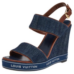 Blau/Braun Denim und Leder Wedge Slingback Sandalen von Louis Vuitton Größe 38,5