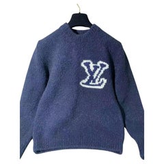 Louis Vuitton Blue Brushed Knit Intarsia LV Logo Oversized Crewneck Sweater
